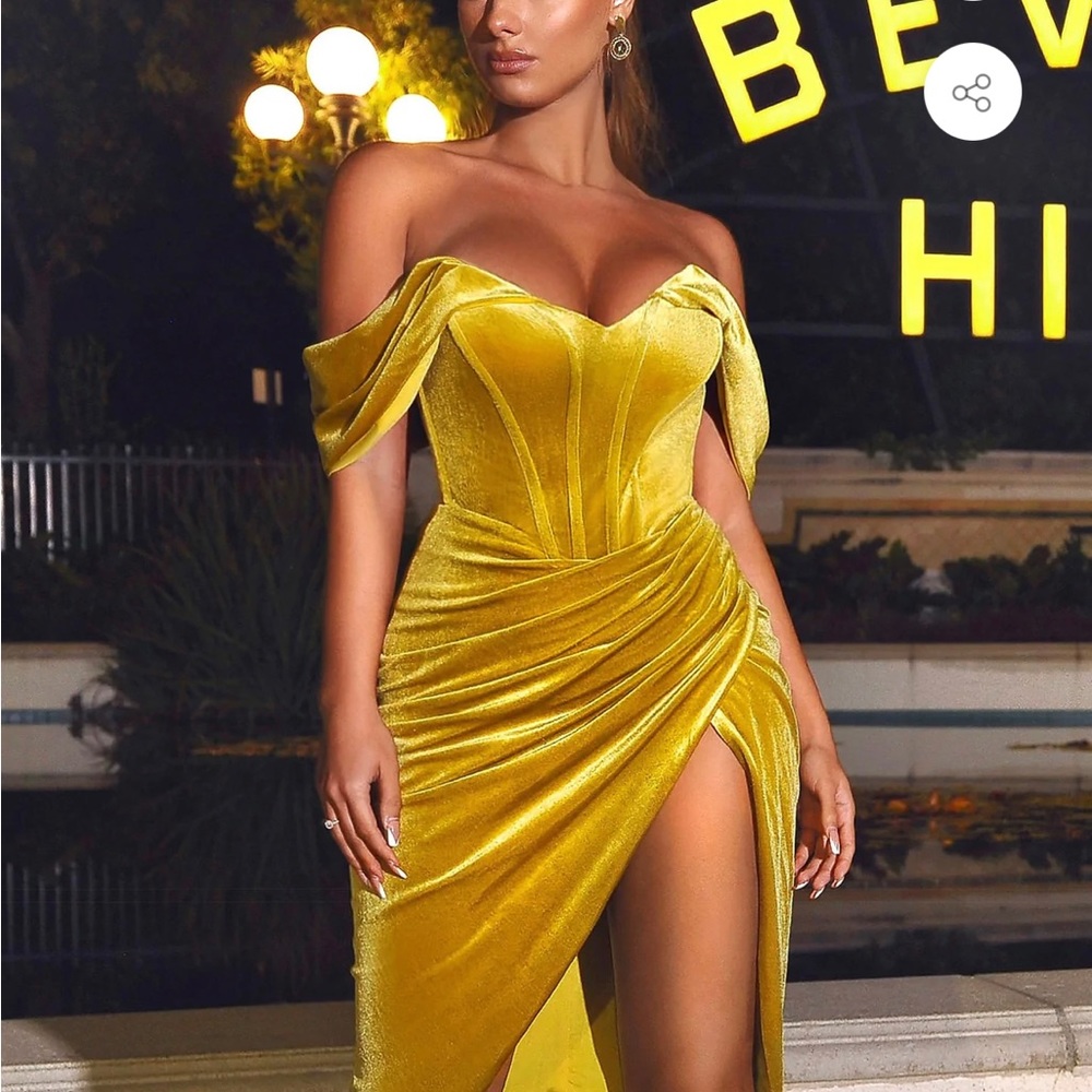Omaria Gold Velvet Off Shoulder Corset Dress